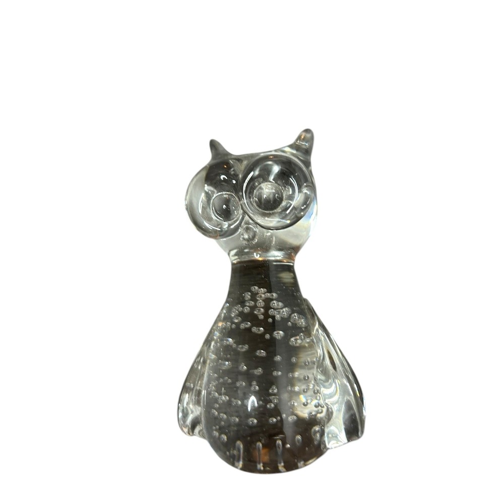 Vintage Leonard Paperweight Clear Crystal Art Glass Owl Big Eyes & CTRL Bubbles